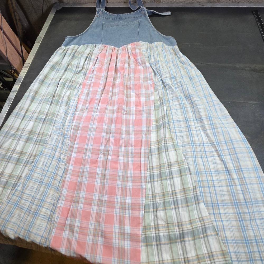 Oder Denim Patchwork Plaid Maxi Bib Overall Pinafore Dress Pastel 3XL